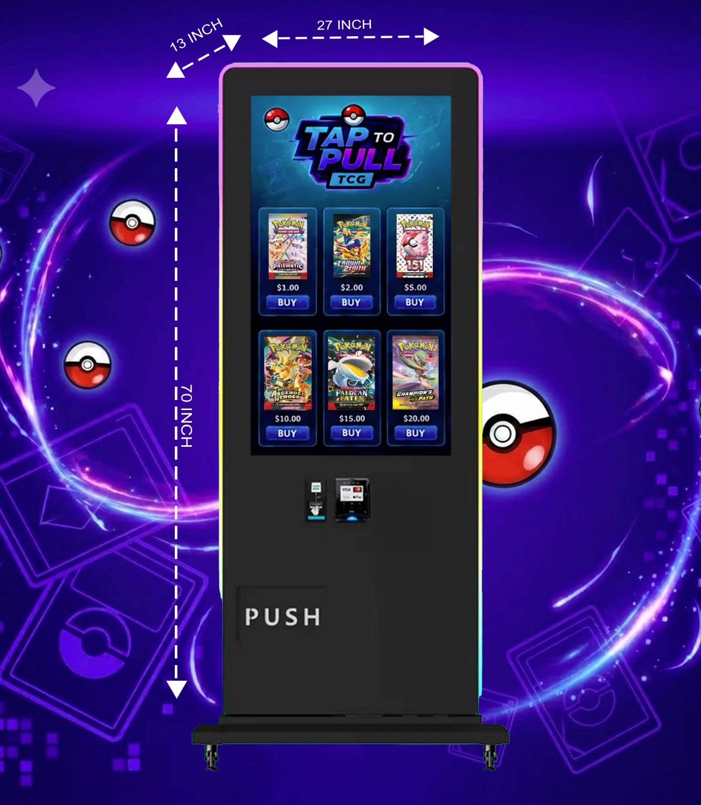 Dimensions diagram for full-size Tap to Pull TCG floor kiosk showing height 70 inches width 27 inches depth 13 inches