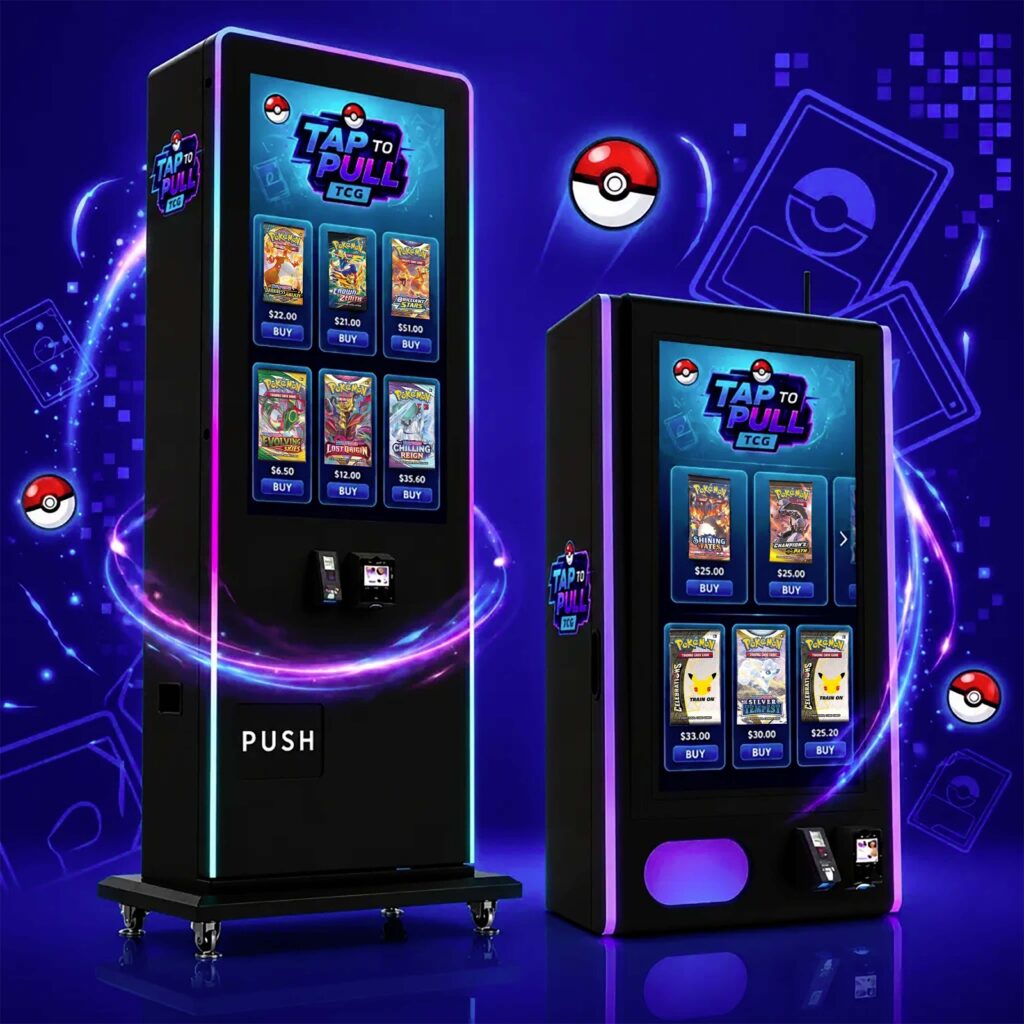 Black Tap to Pull TCG smart vending machine models displaying Pokémon booster pack cards