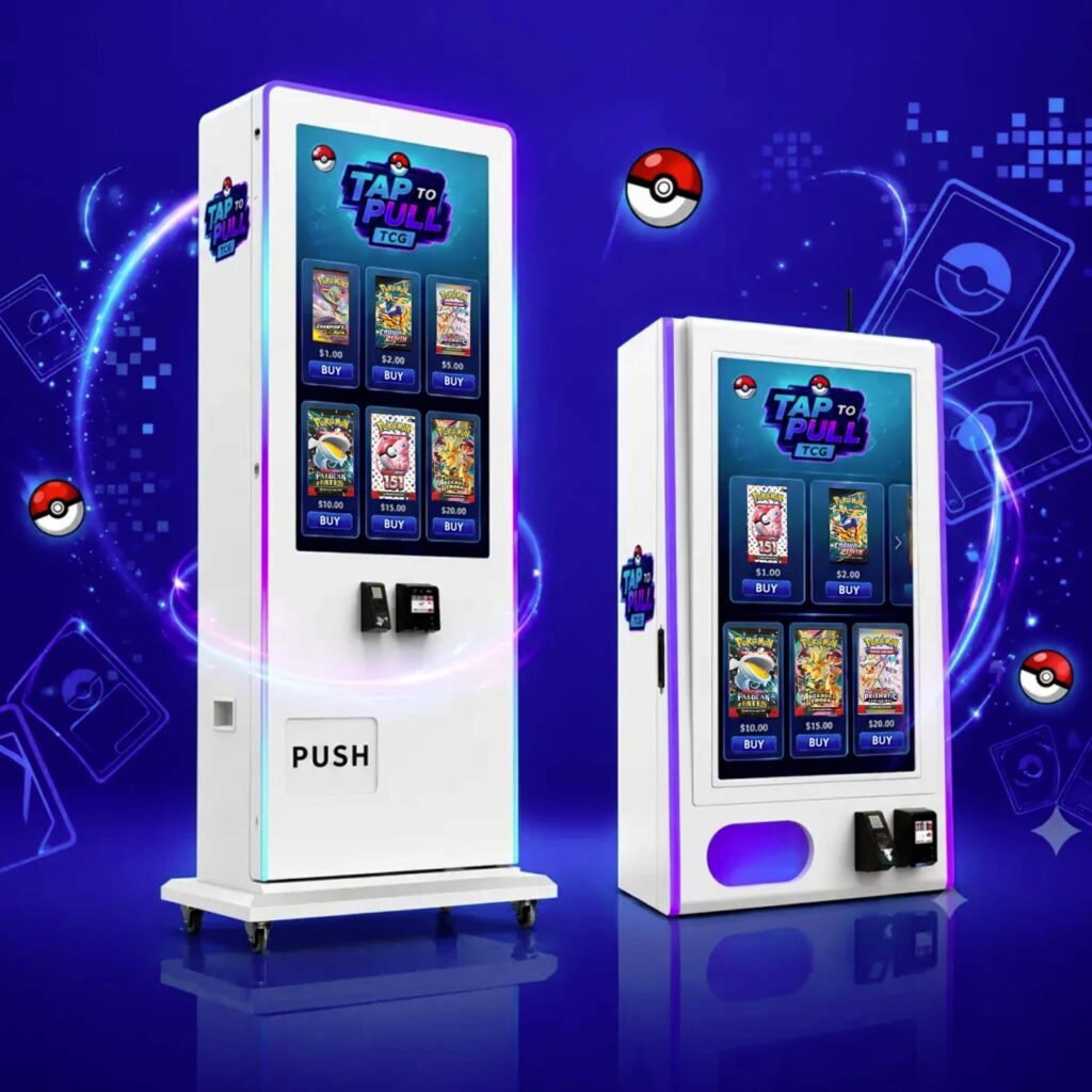 White Tap to Pull TCG kiosk and compact card dispenser unit with digital touchscreens
