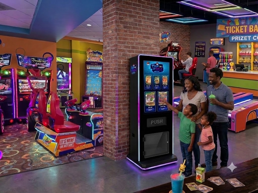 Family with kids selecting trading cards on a Tap to Pull TCG vending kiosk screen in a arcade facility