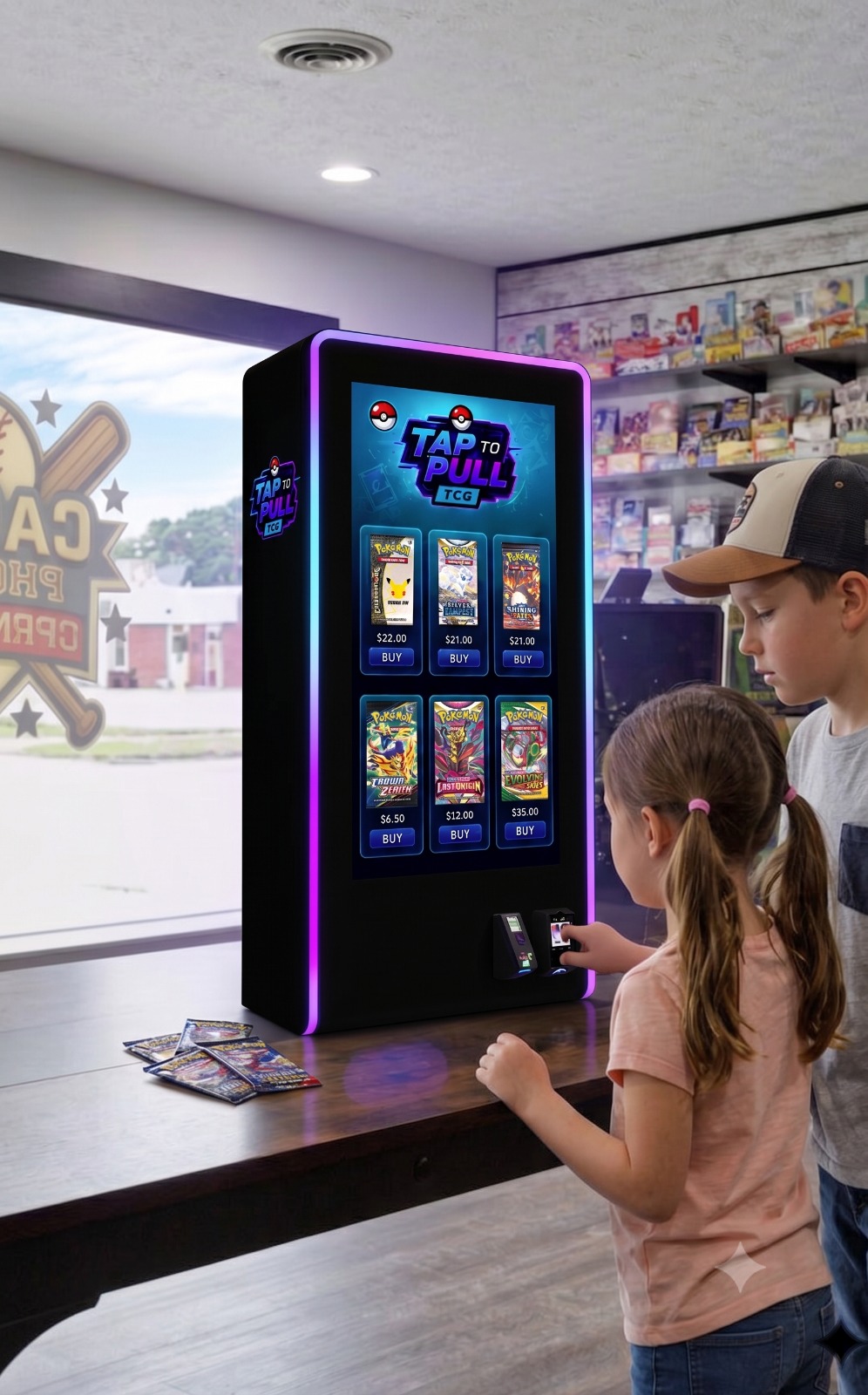 Young kids tapping screen to buy booster packs on a compact Tap to Pull TCG tabletop machine in a hobby shop