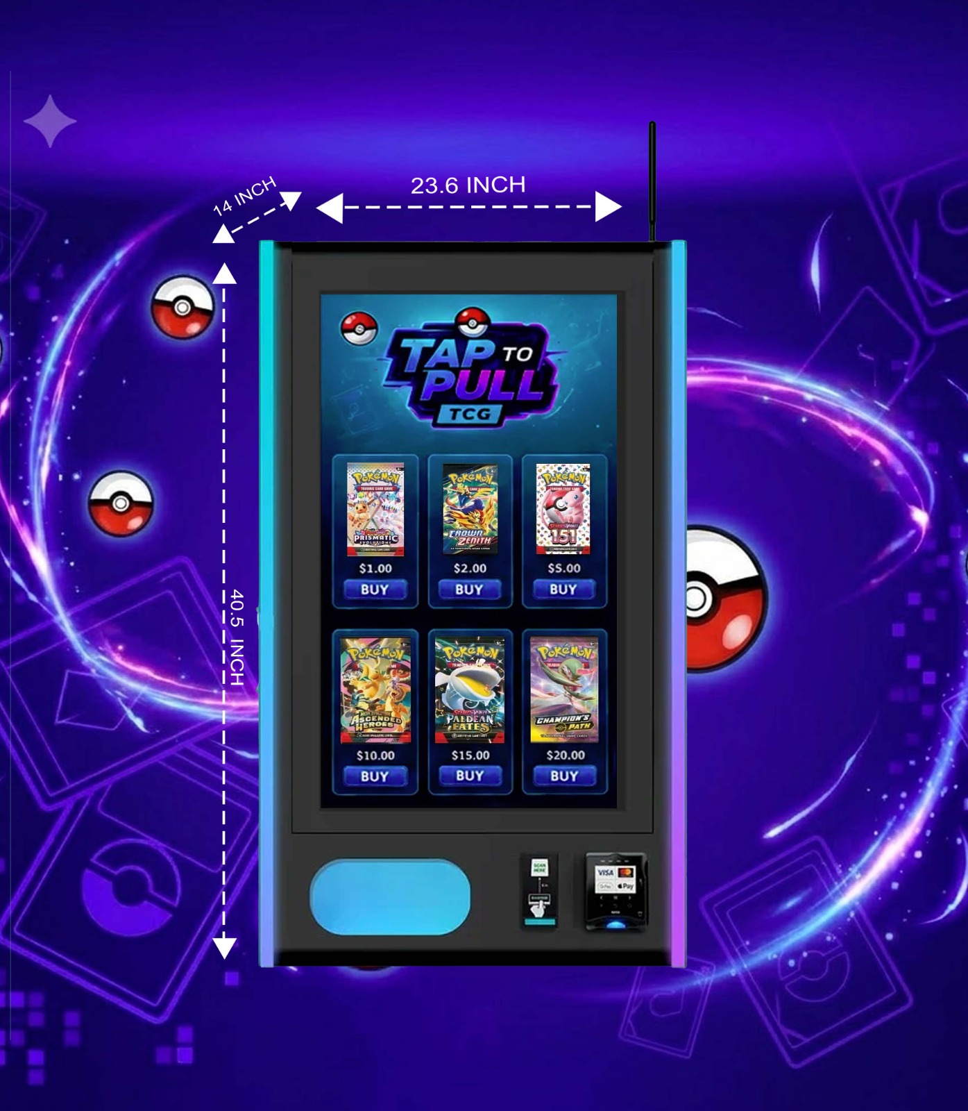 Black Tap to Pull TCG automated kiosk with LED accent lighting operating inside a retail gaming and hobby card shop.