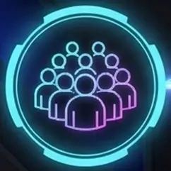 Neon icon featuring a group of people representing customer community and collectors