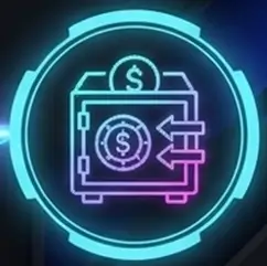 Neon icon of a safe vault with dollar signs and incoming payment arrows