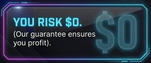 Neon banner showing You Risk 0 Dollar with a profit guarantee
