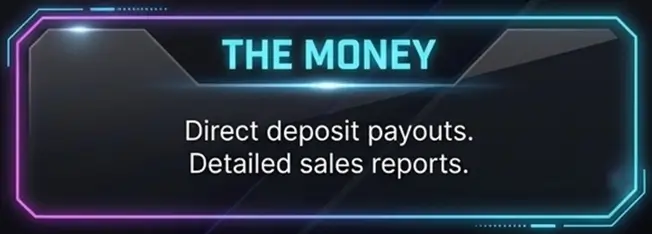 Neon framed text box explaining direct deposit payouts and sales reports