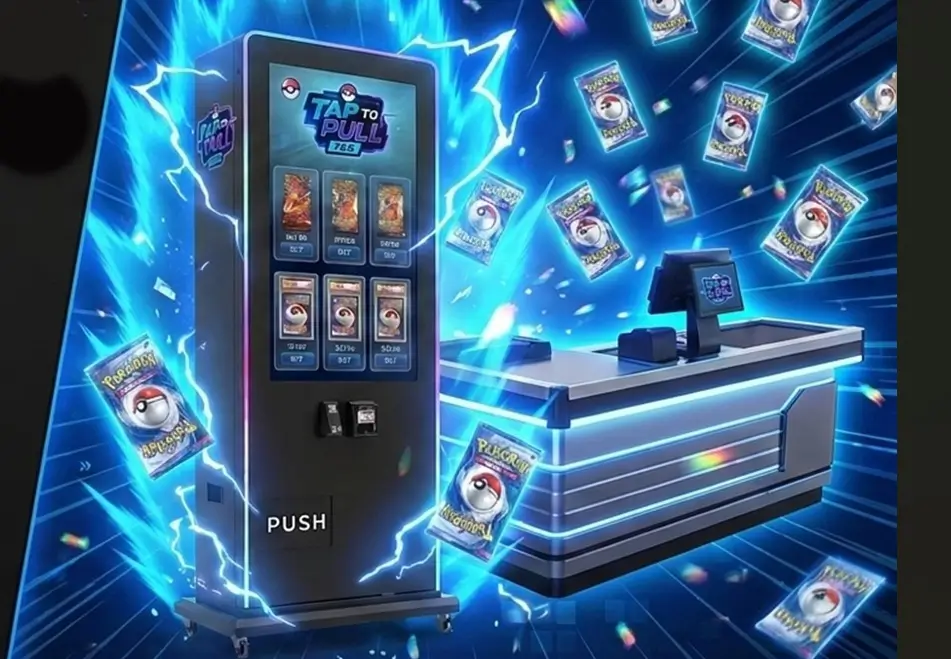 Automated Tap To Pull TCG trading card vending machine placed beside a checkout counter with flying Pokemon booster packs and electric aura effects