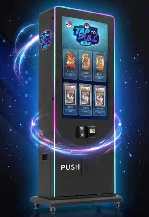 Modern Tap To Pull TCG automated vending machine displaying digital Pokemon trading cards on screen