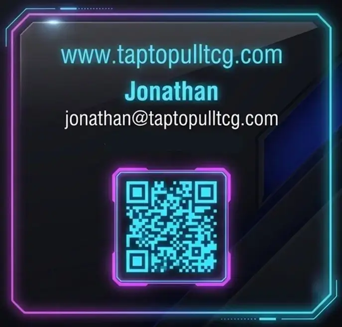 Digital business card displaying contact info for Jonathan with QR code and website URL for Tap To Pull TCG