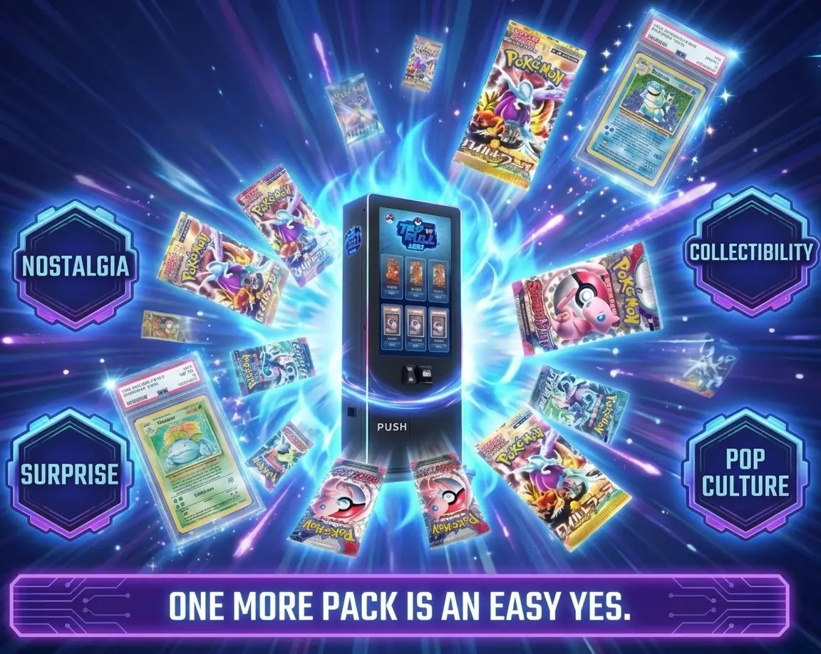 Tap To Pull trading card vending machine surrounded by glowing blue energy, floating Pokemon card packs, graded cards, and four feature badges