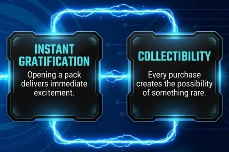 Blue neon tech cards highlighting Instant Gratification and Collectibility aspects of TCG card pack purchases