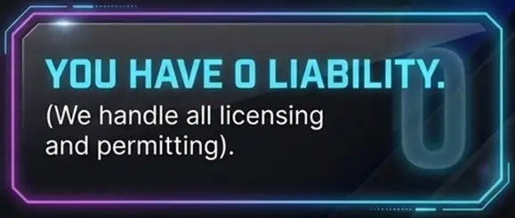 High-tech text box stating You Have 0 Liability for licensing and permits